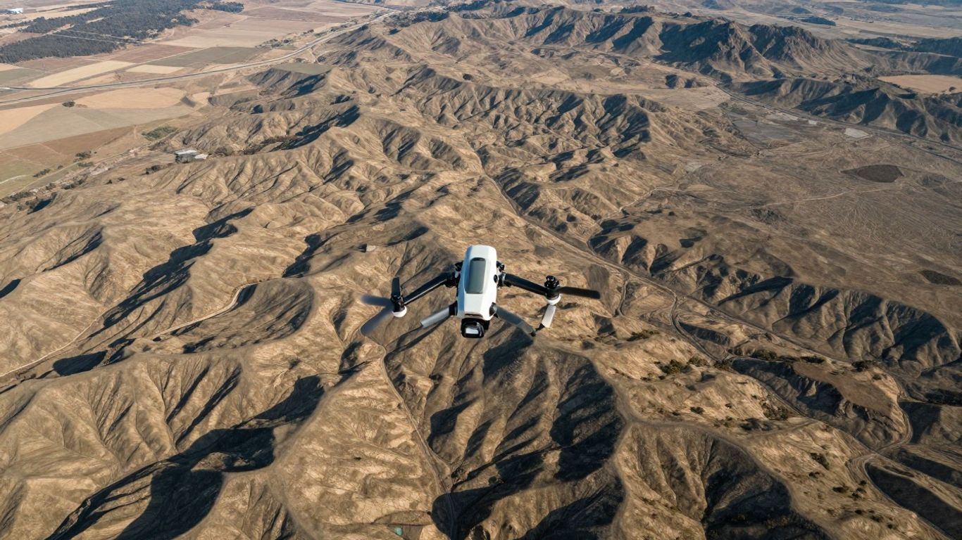 Drone surveying a vast, detailed landscape from above.