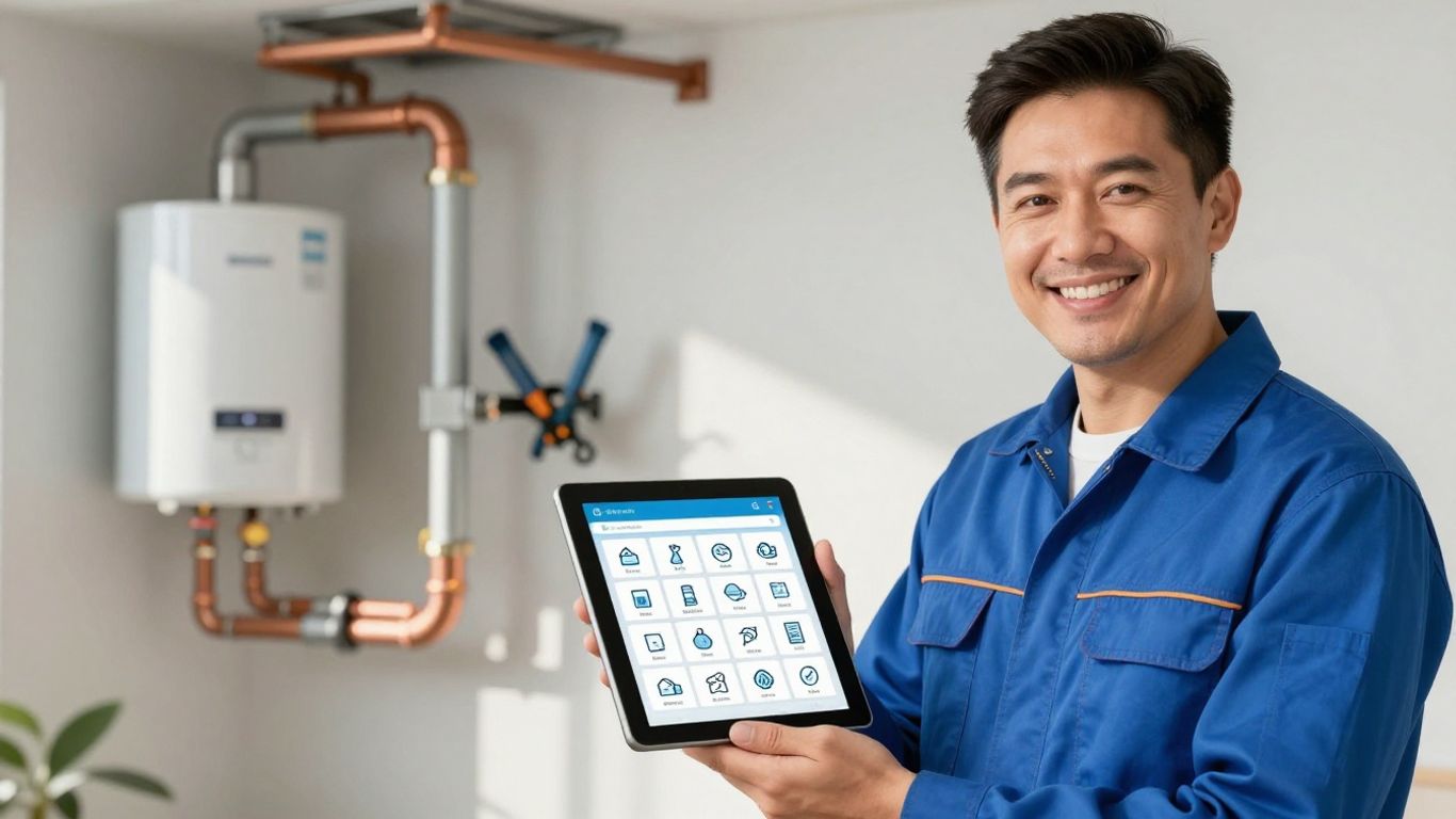 Plumber using AI tool on tablet in Australia.