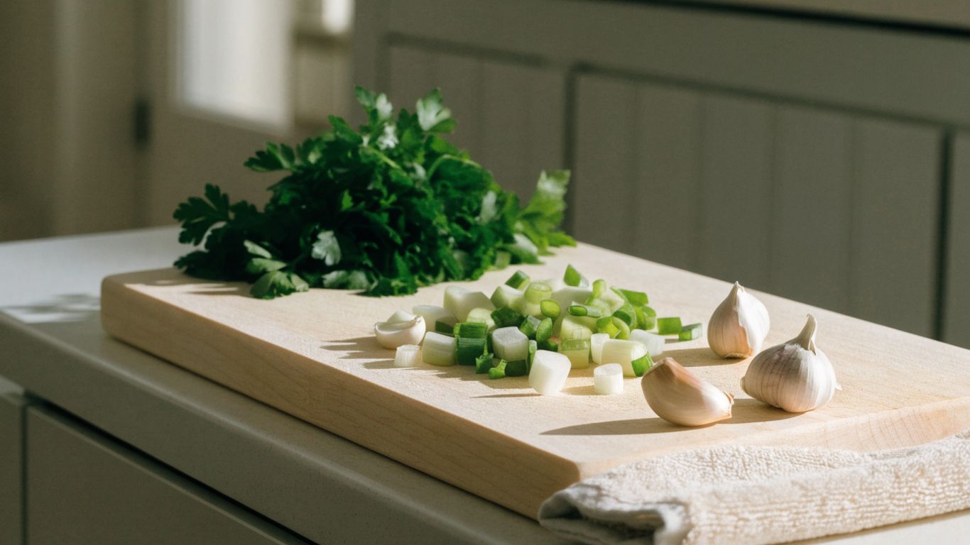 A clear maple board with herbs and ingredients
