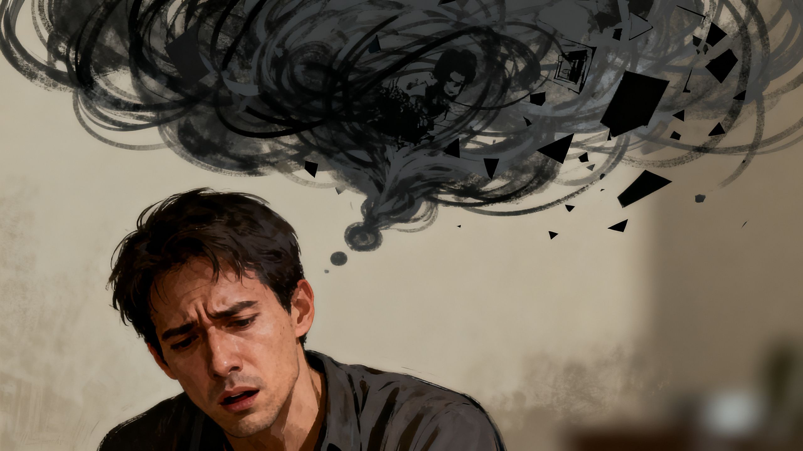 A man looking tired and stressed, with a shadowy, chaotic thought bubble above his head