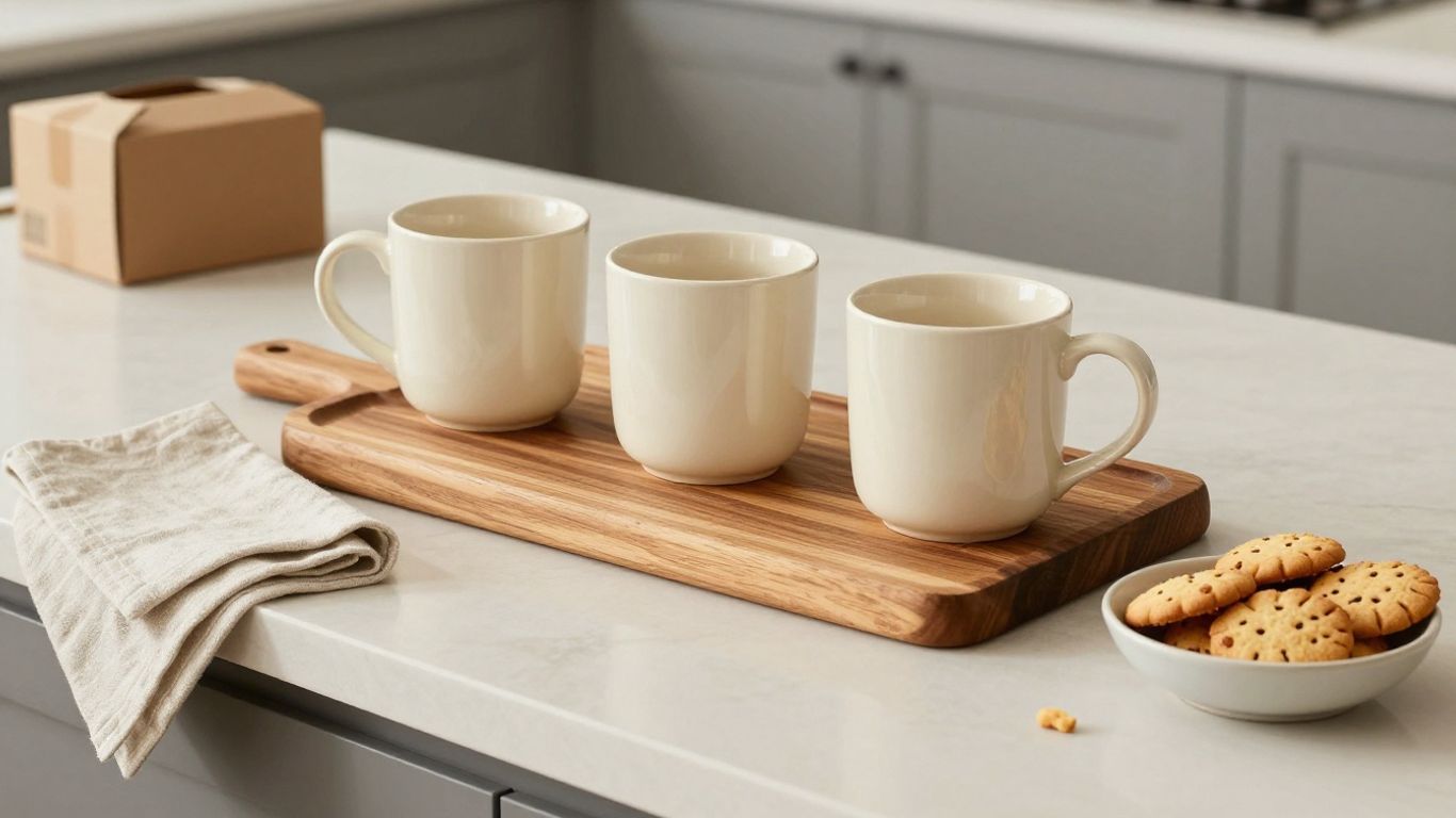Wooden serving board with ceramics in a bright new kitchen