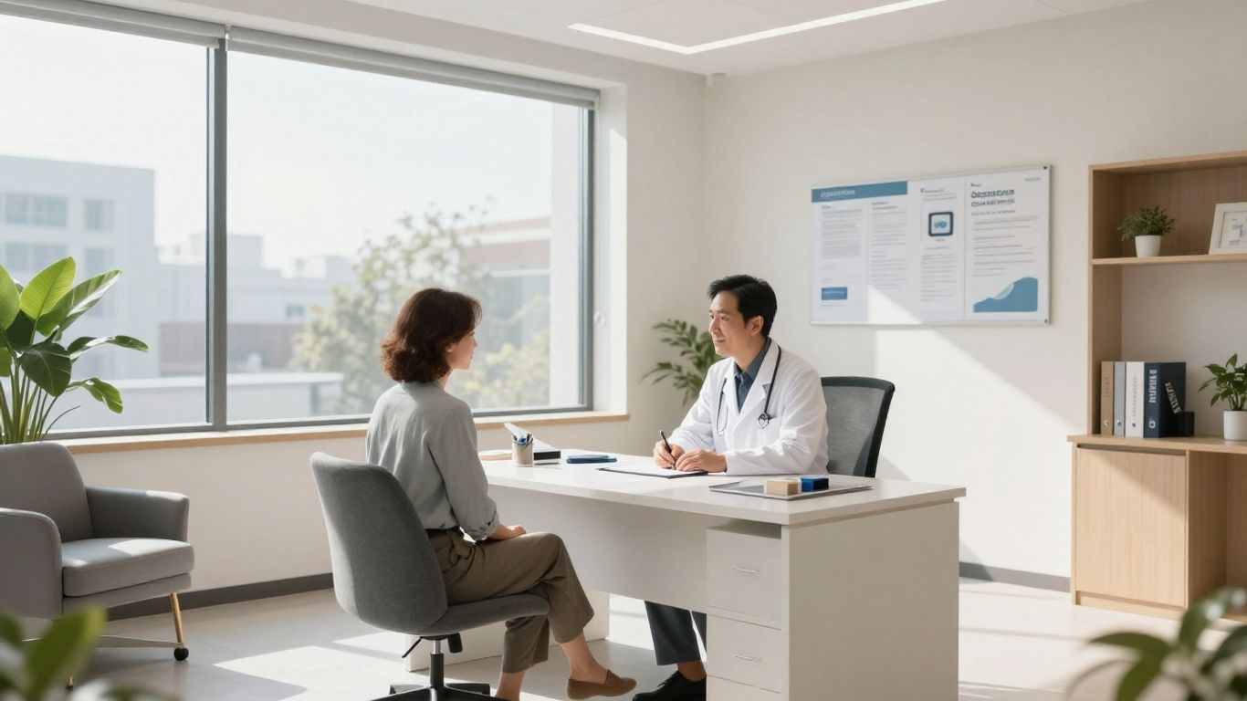 Doctor consulting with patient in modern medical office.