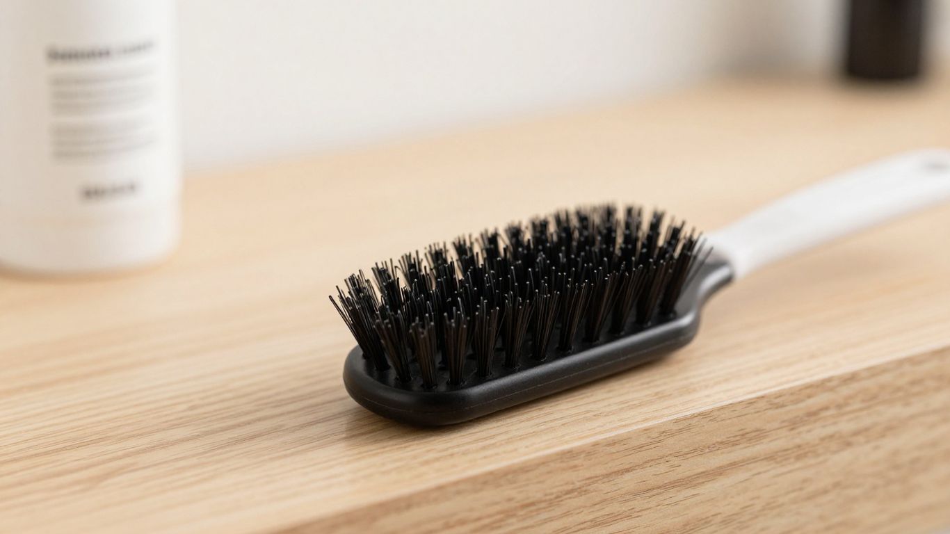 A close up view of a detangler brush with flexible bristles on a wooden vanity.