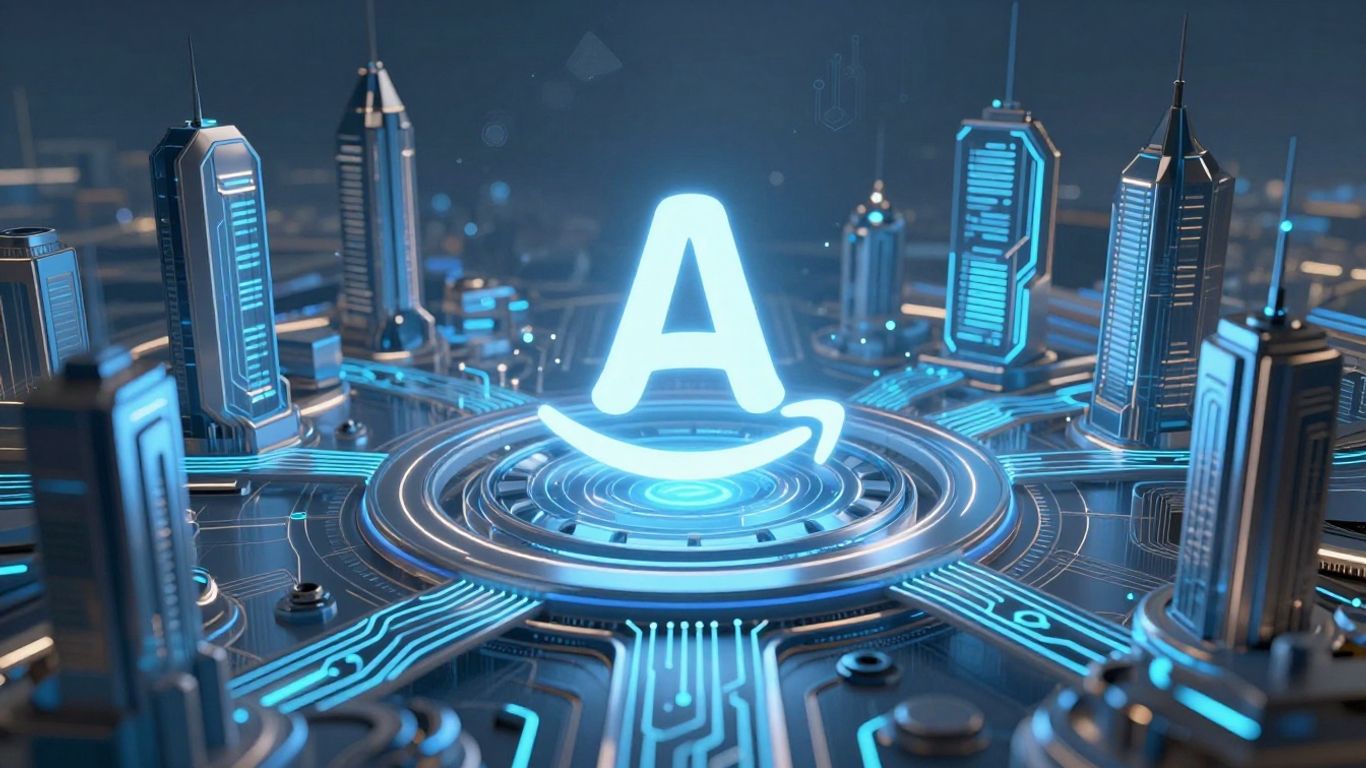 Amazon AI algorithm search landscape futuristic cityscape