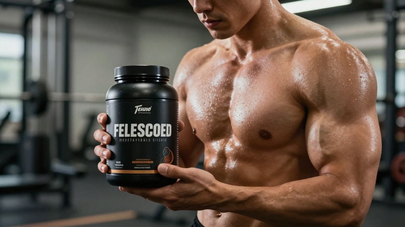Athlete with Black Wolf pre-workout container in gym.
