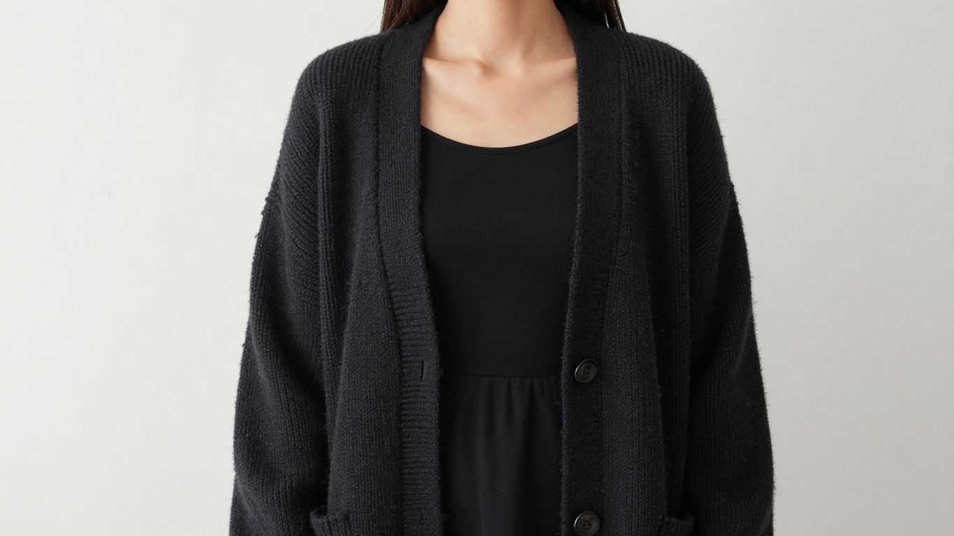 Black A-line dress with an oversized cardigan.