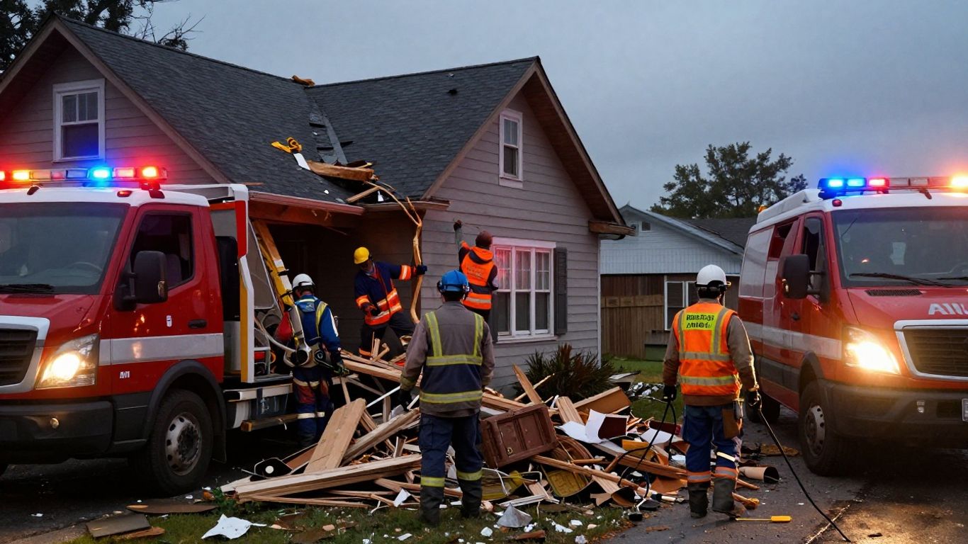 Storm restoration crew working on a damaged house.