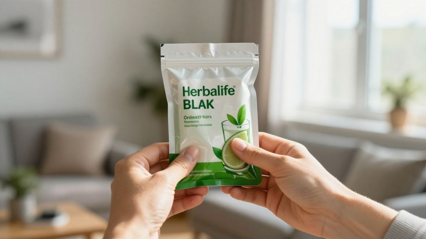 Herbalife shake in hand, home office background.