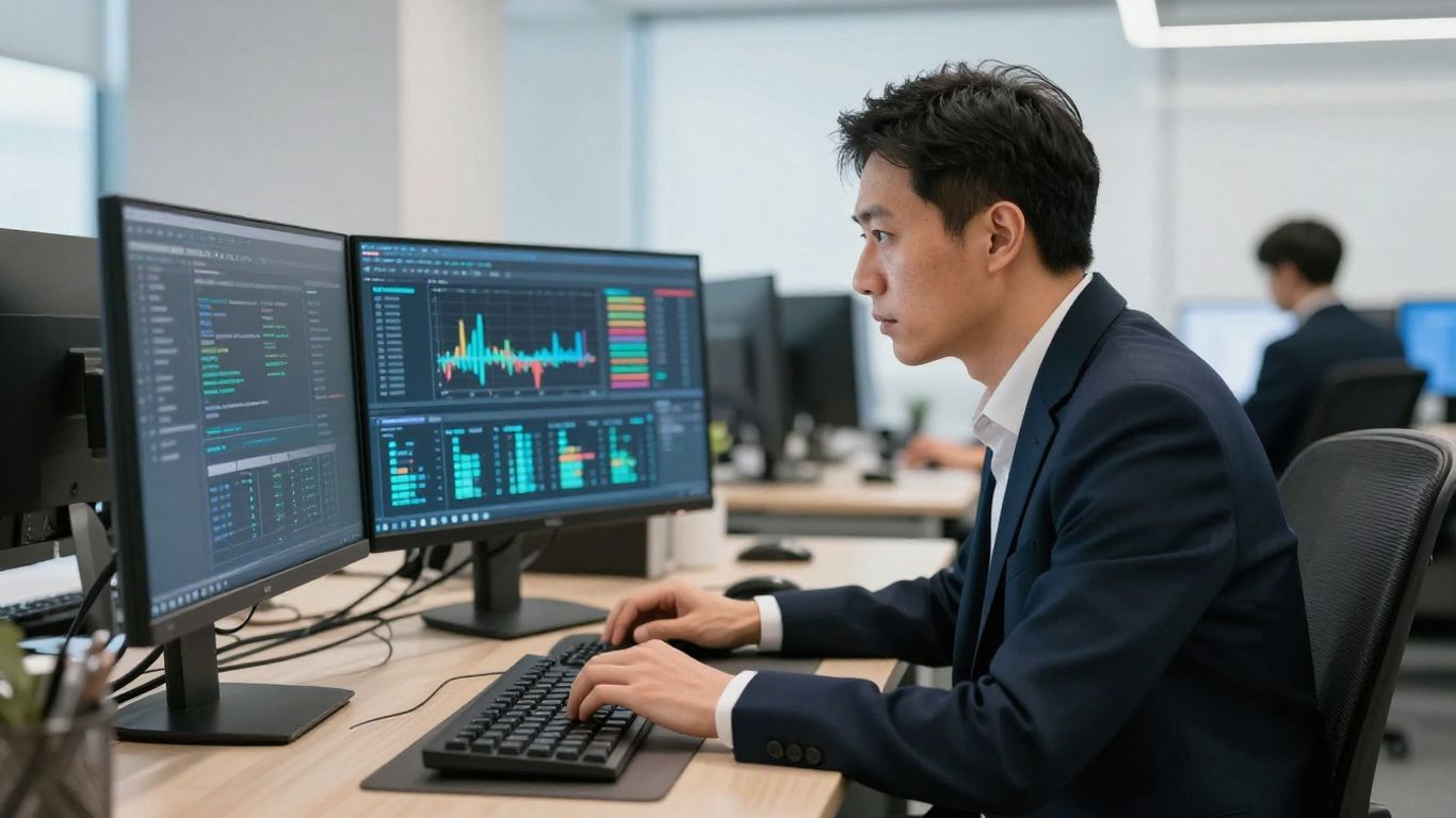 A professional analyzing data in a focused workspace