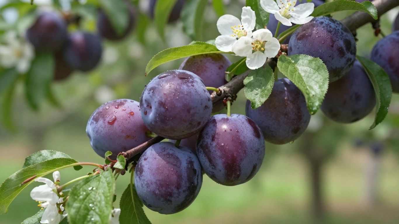 Galho de ameixeira com ameixas maduras e flores brancas.