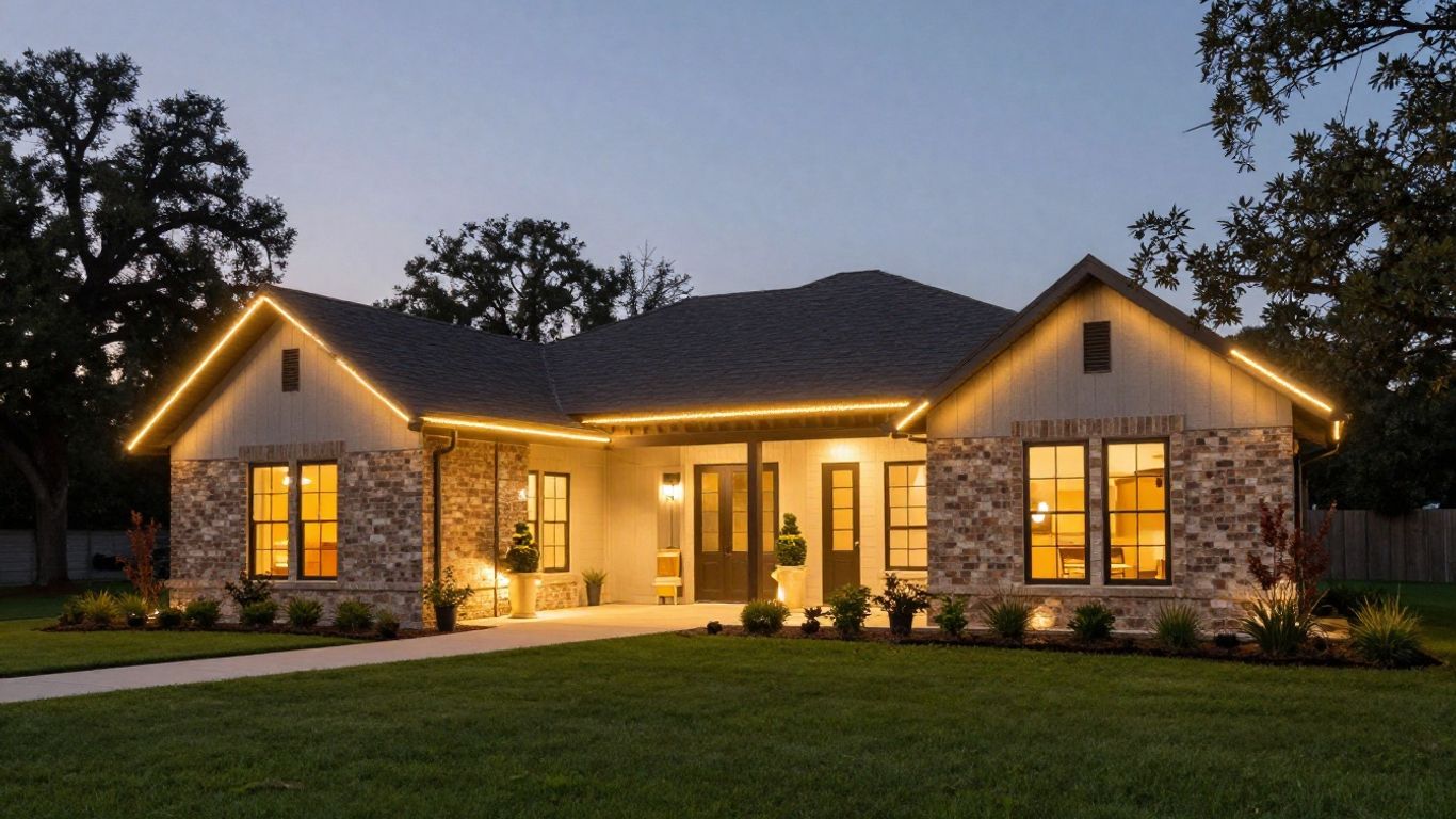 Modern home with warm outdoor LED lighting at dusk
