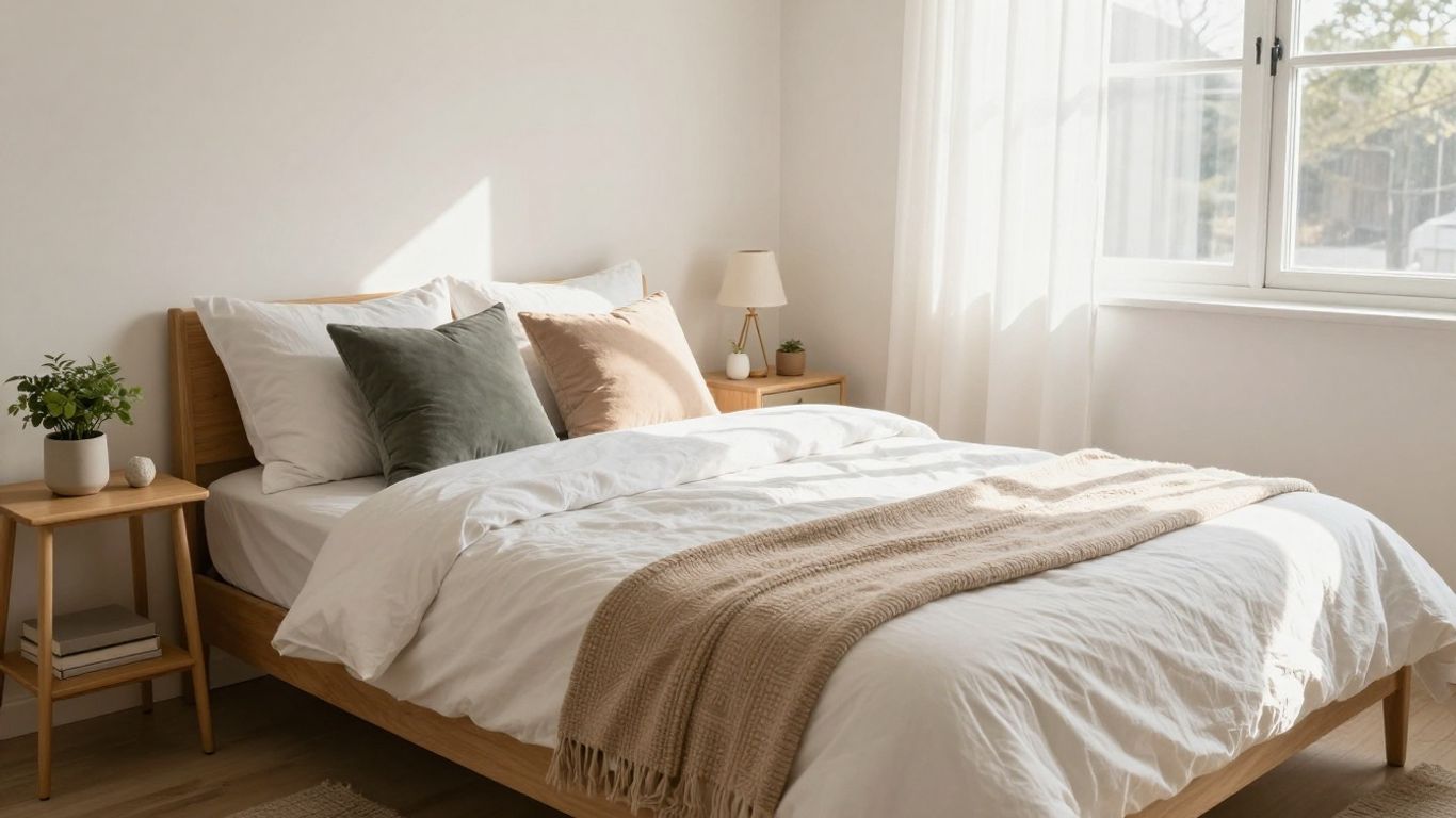 Cozy Airbnb bedroom with sunlight and comfortable furnishings.