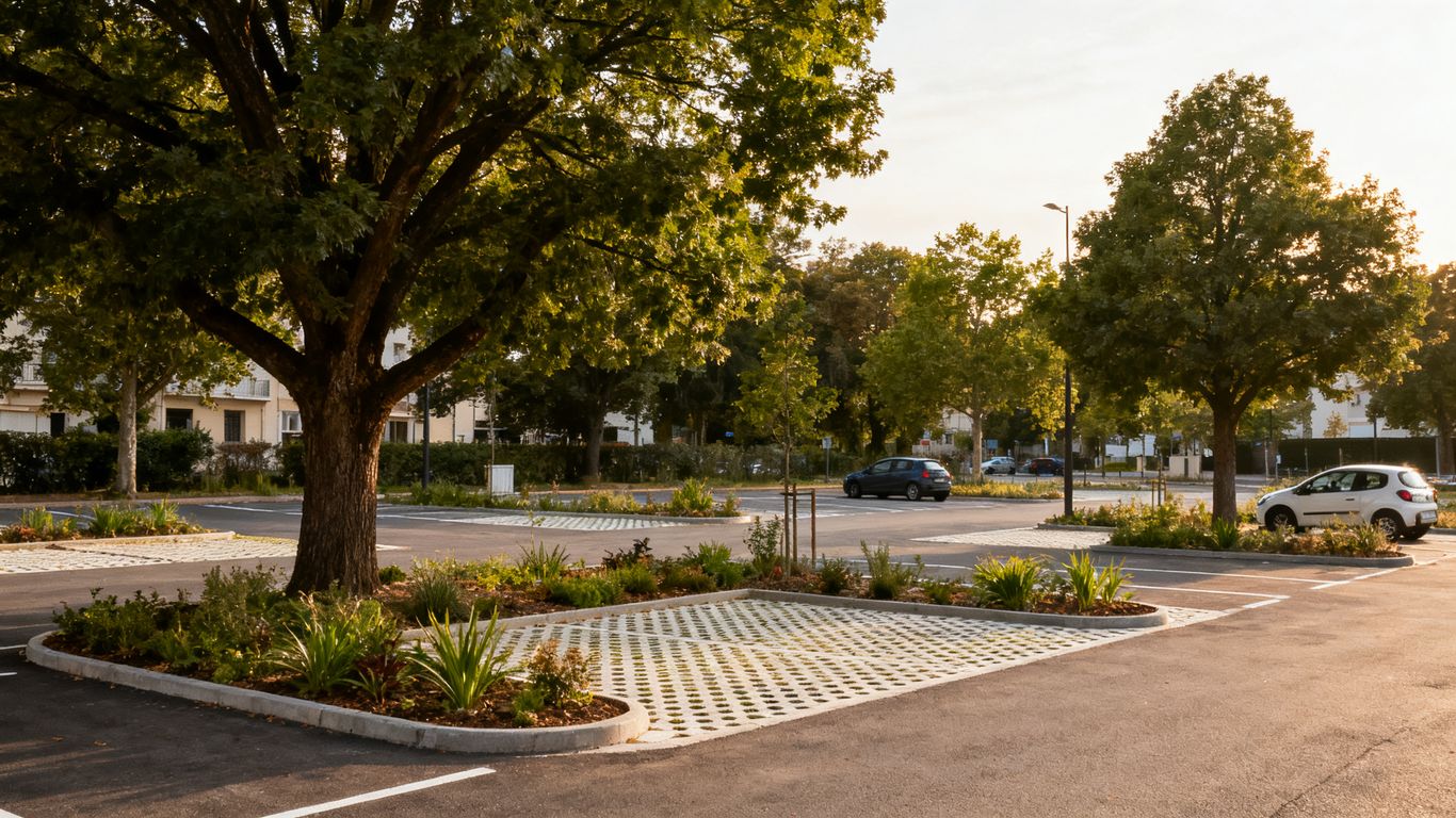 Arbres et places de stationnement végétalisées