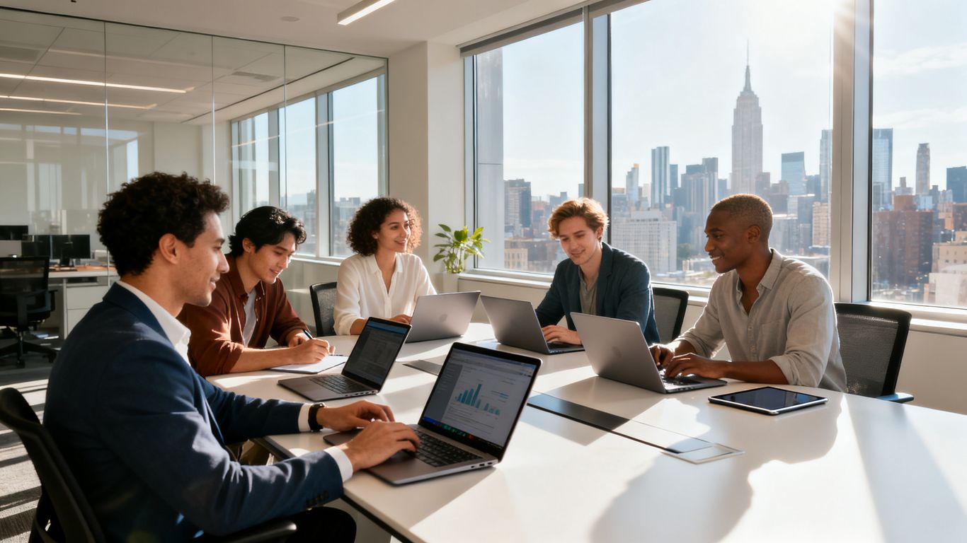 Pittsburgh skyline and business team in modern office.