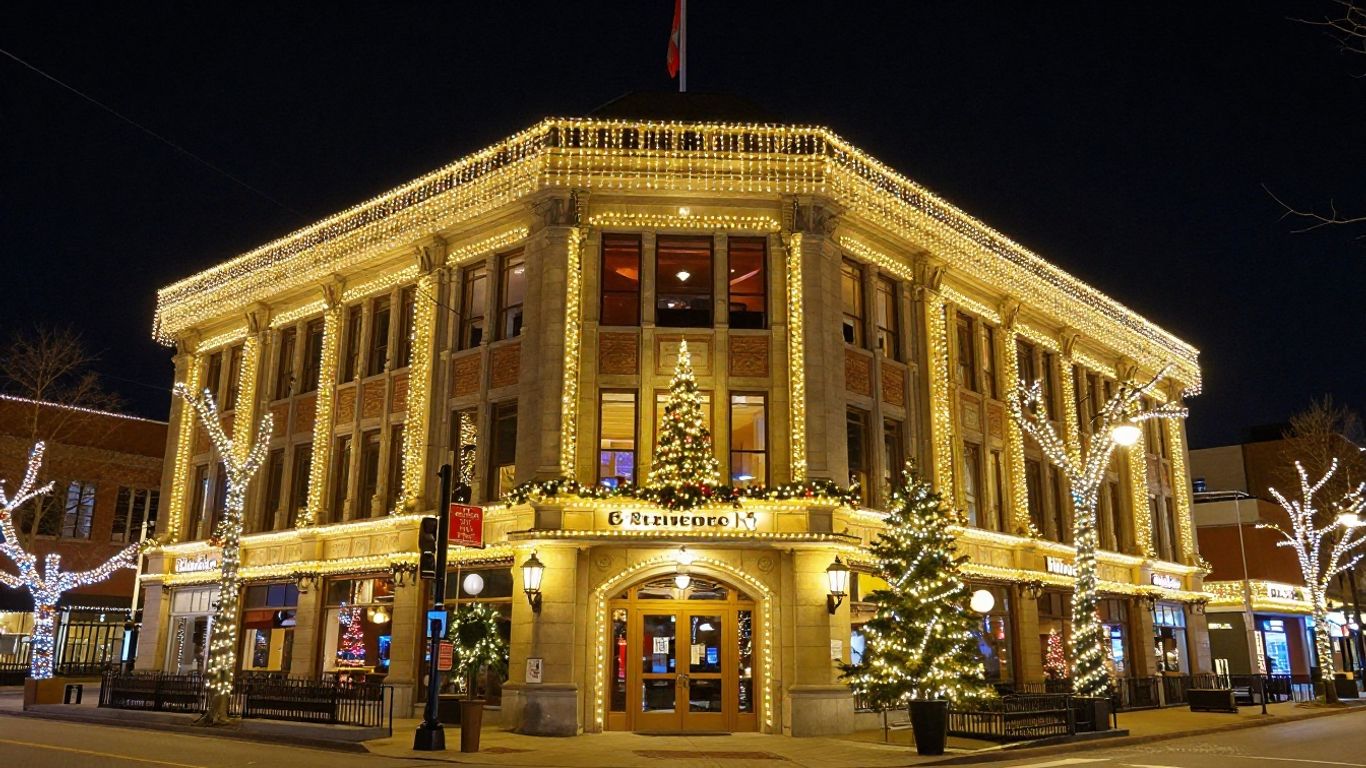 Festive commercial building decorated with professional Christmas lights.