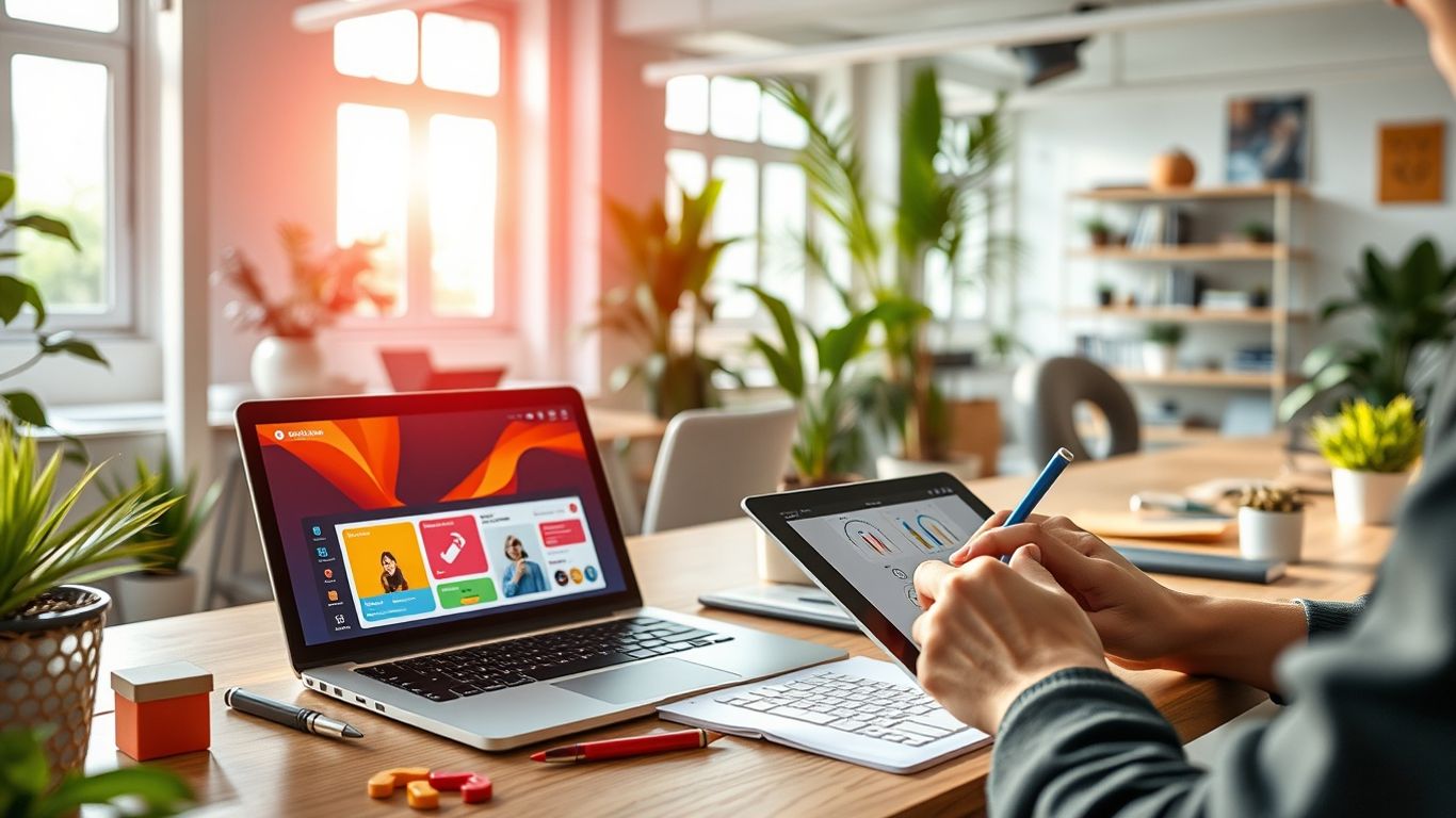 Canva interface on laptop screen in modern office.