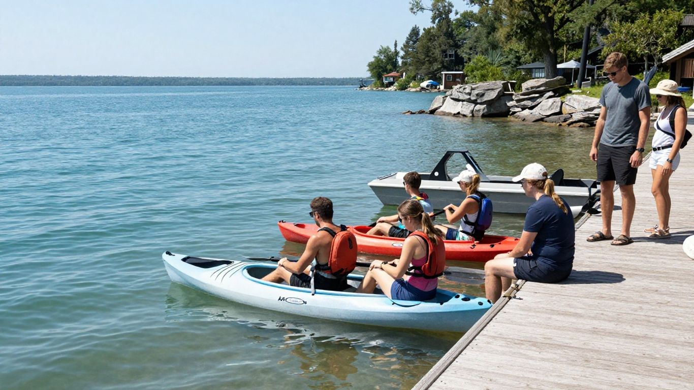 Visitors comparing boat rental options by the lake