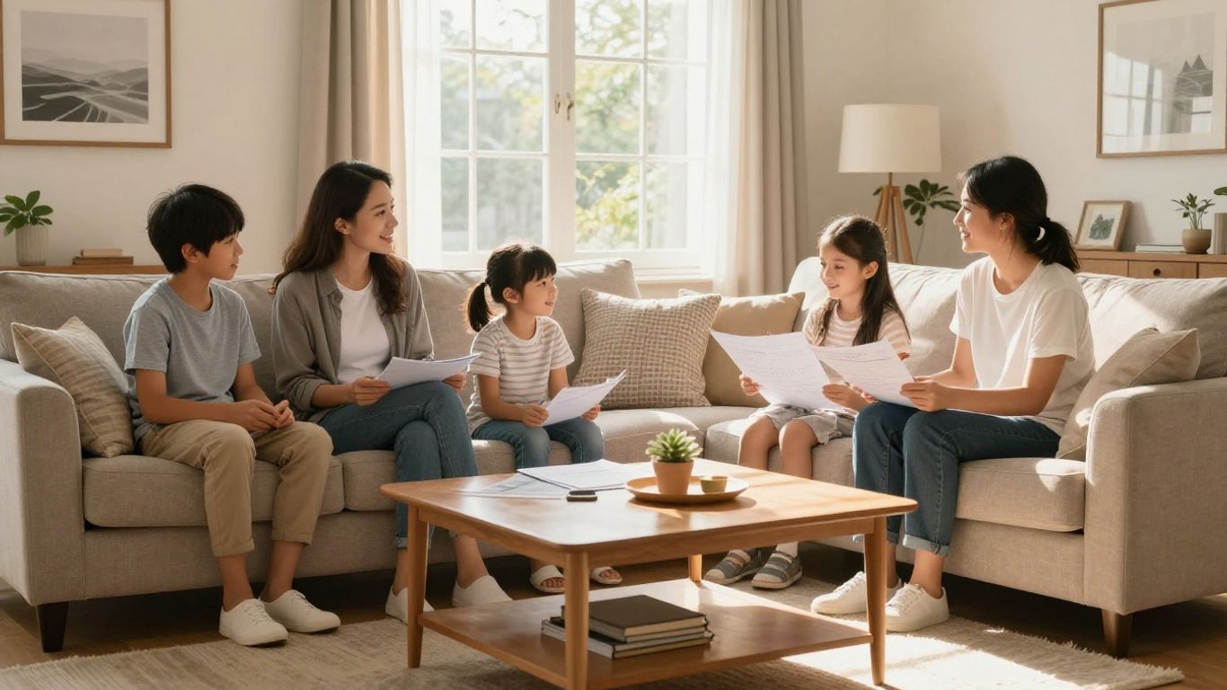 Family in a bright living room discussing home equity.