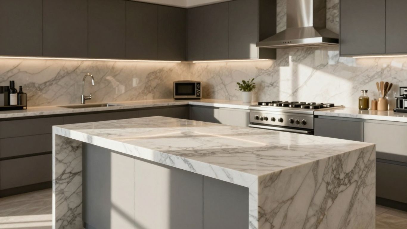Elegant marble kitchen island and backsplash with natural light.