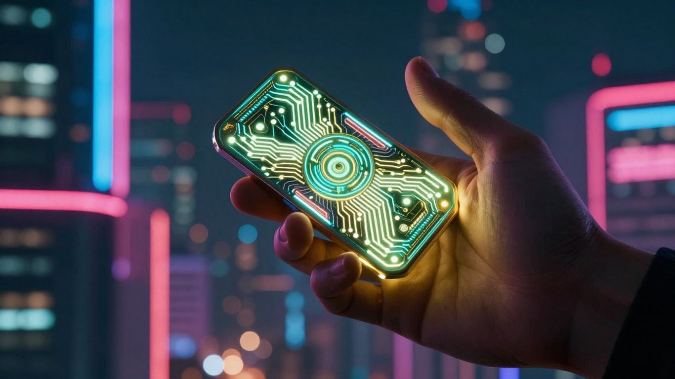 Futuristic digital token held in hand, neon cityscape background.