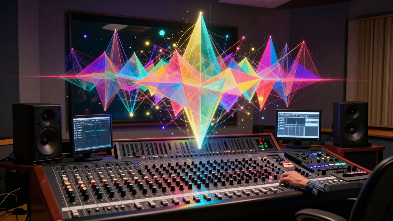 AI music video production studio with sound waves.