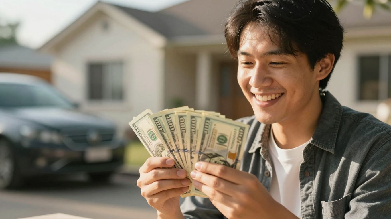 Person holding cash with house and car background.