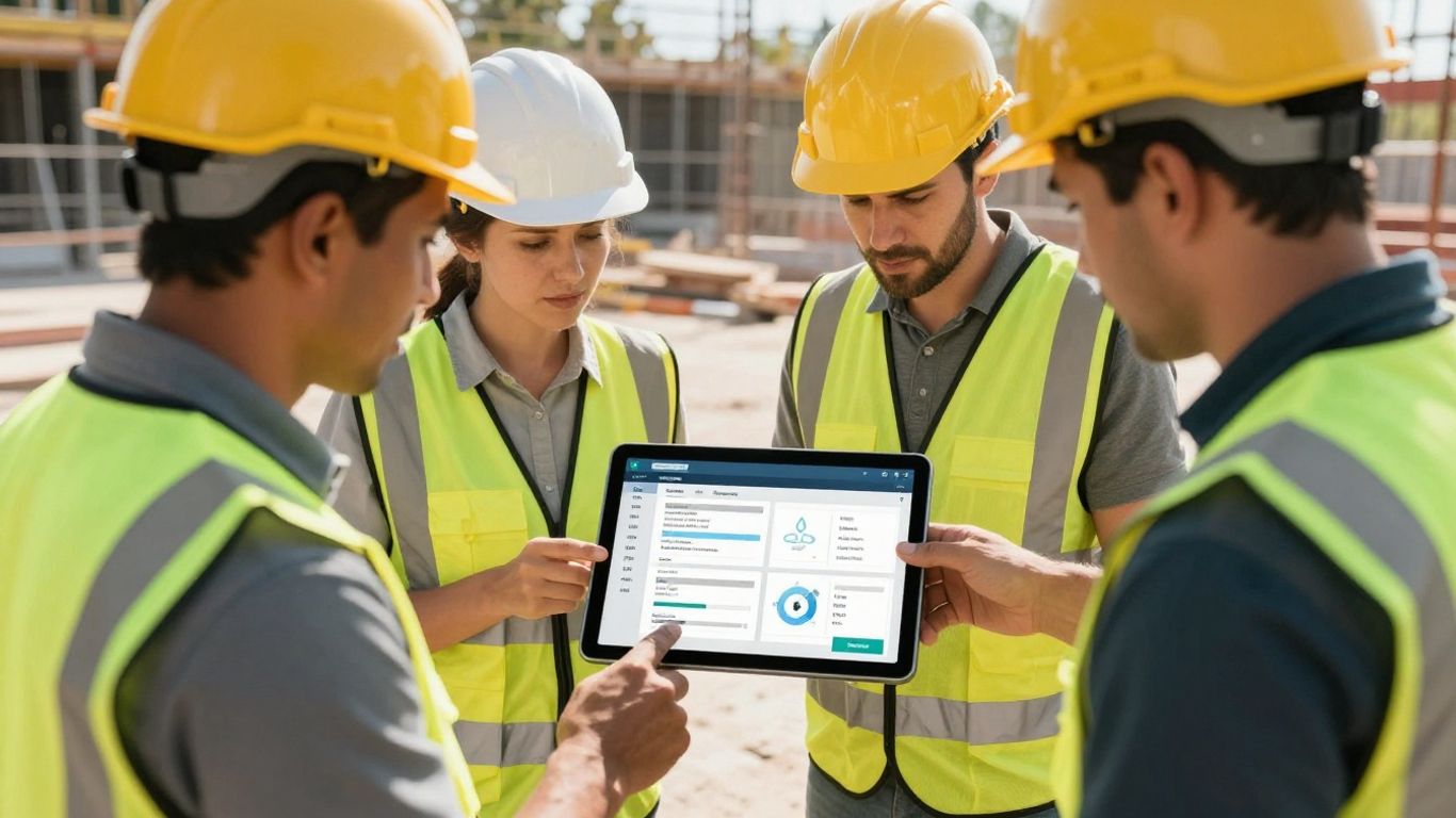 Procore CRM software interface on a tablet at a construction site.