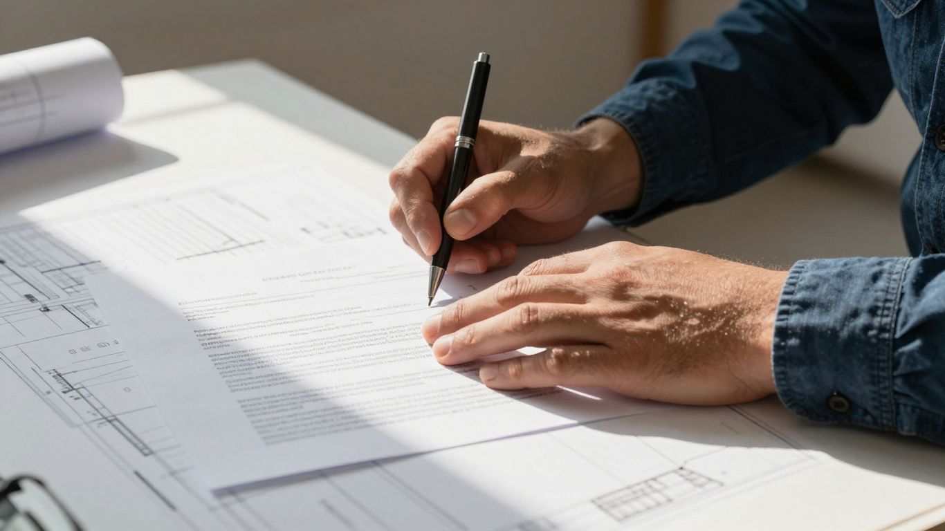 Contractor organizing lien documents and blueprints.