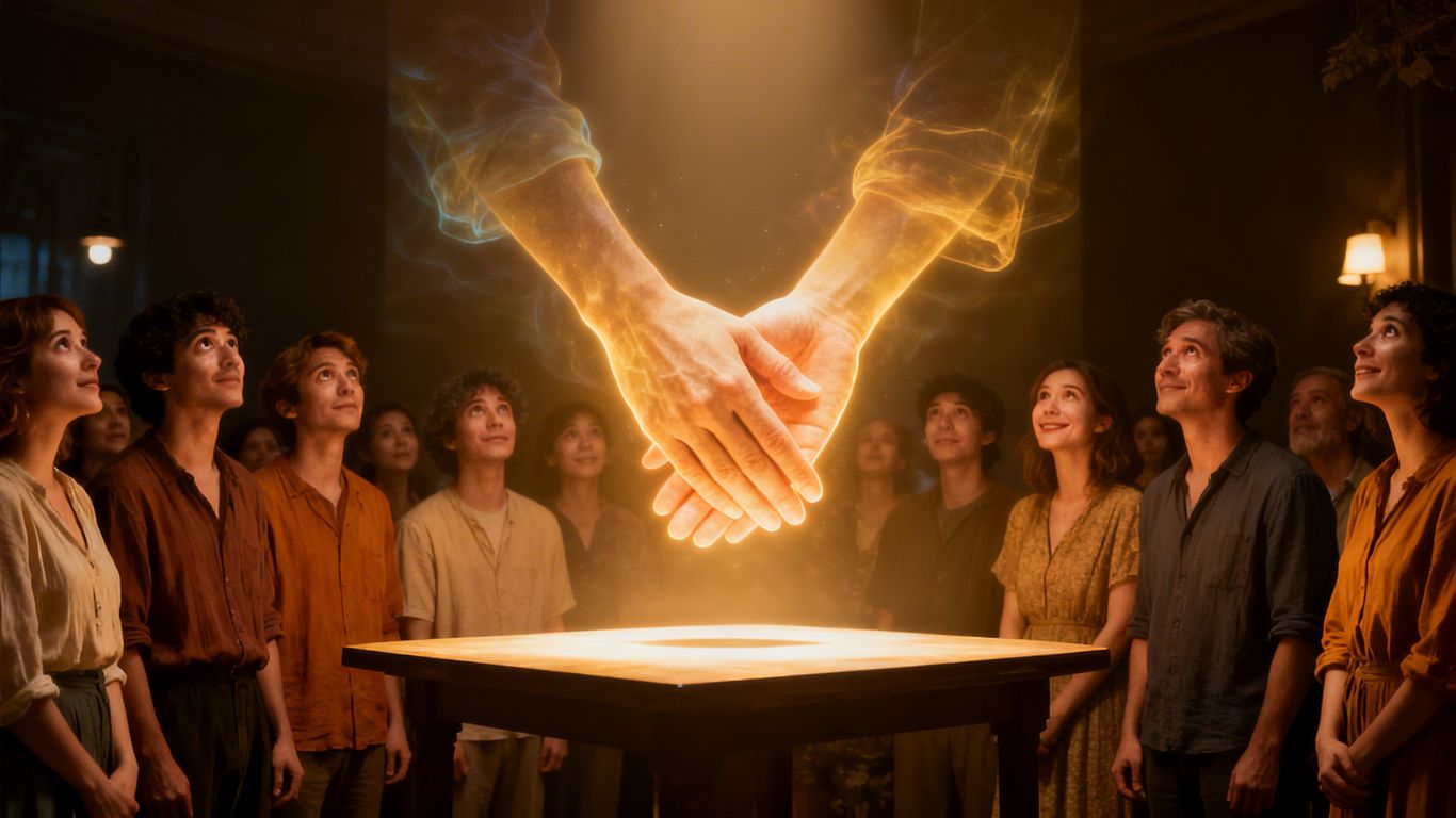 People watching a projection of intertwined hands.
