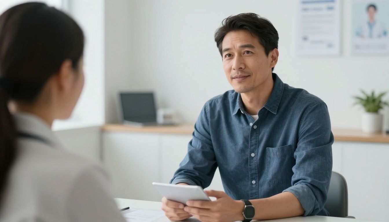 A confident man in his 40s speaking with a professional, knowledgeable men's health provider in a clean, modern, and clinical office environment, focusing on wellness and clarity.