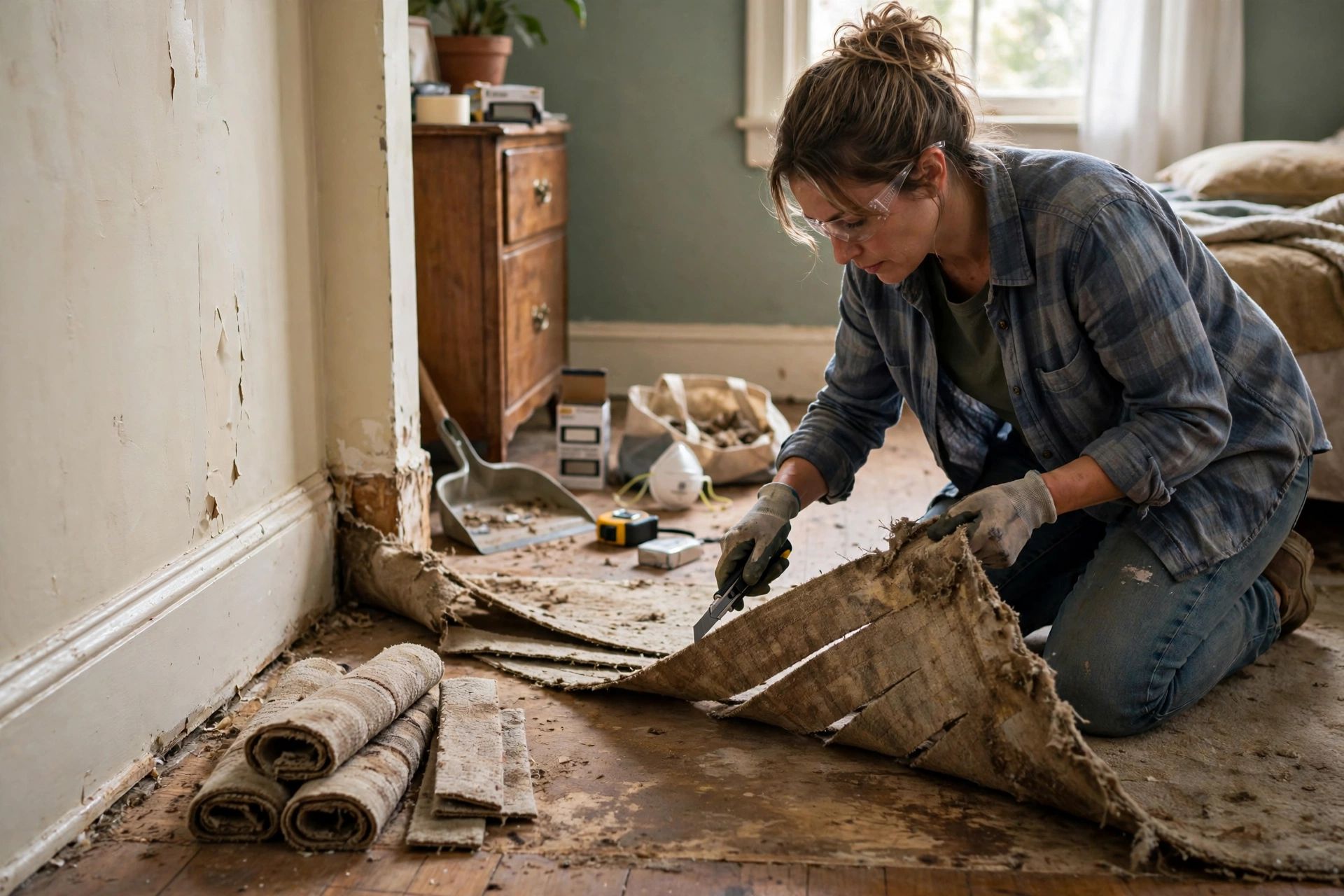 A homeowner carefully lifting an old carpet from a bedroom corner and cutting it into manageable strips