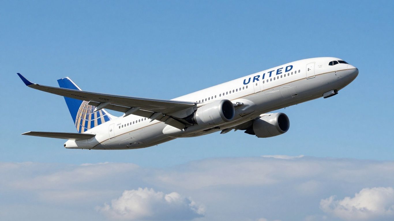 United Airlines airplane flying in a clear blue sky.