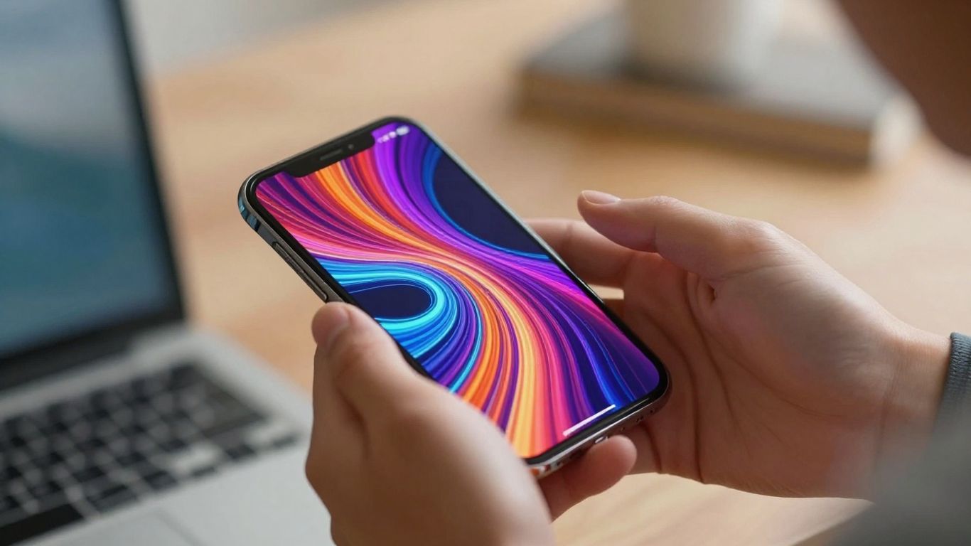 Manos sosteniendo un teléfono con interfaz digital brillante.