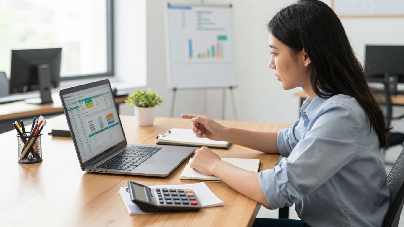 Profissional revisando orçamento de marketing e resultados