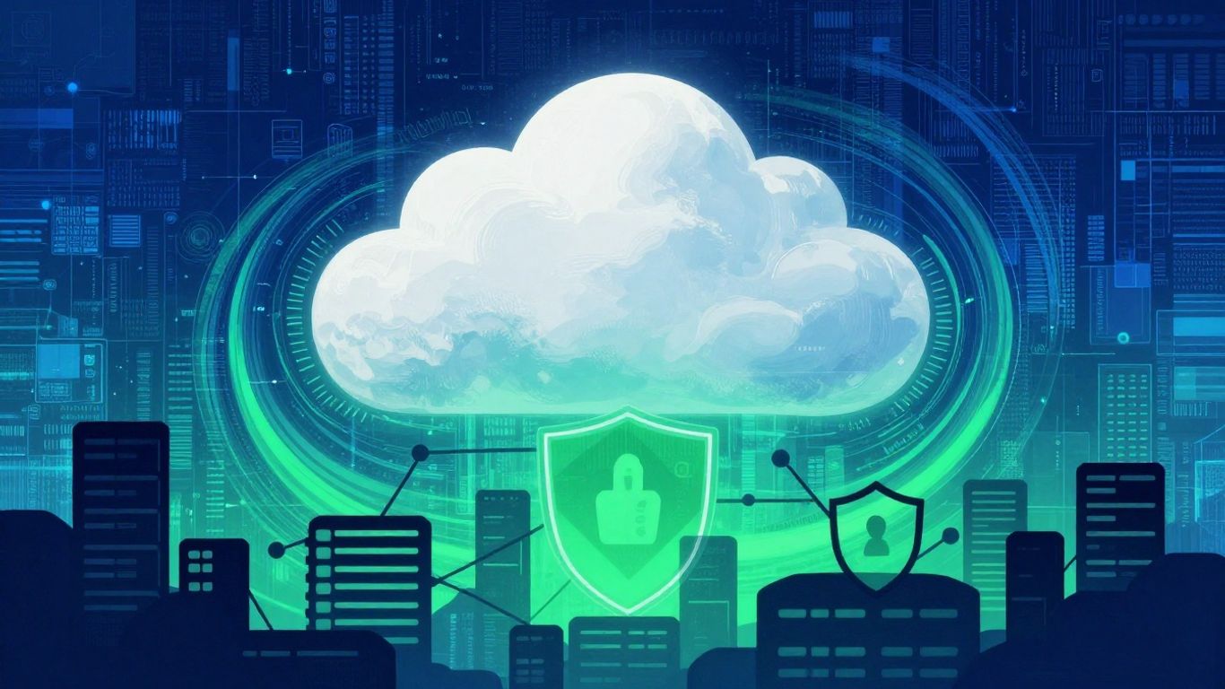 Abstract digital patterns with cloud and security elements.