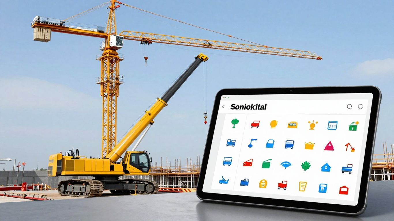 Mobile crane and digital schedule on construction site.
