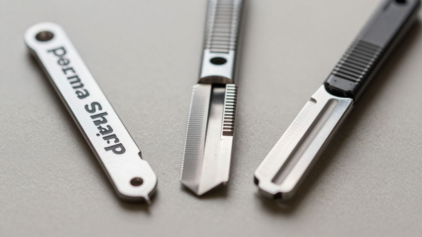 Three single edge razor blades: Perma Sharp, Derby, Dorco.
