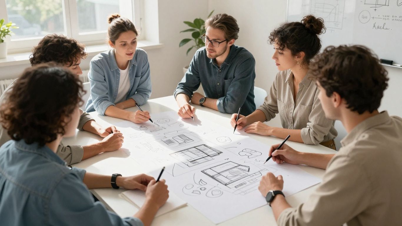 People planning together, discussing ideas around a table.
