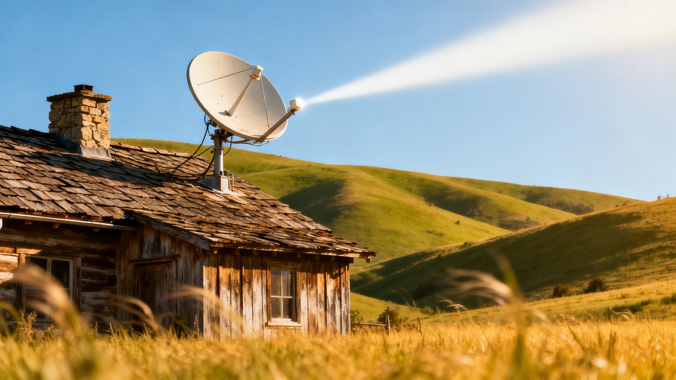 Satellite dish on farmhouse roof with rural landscape.