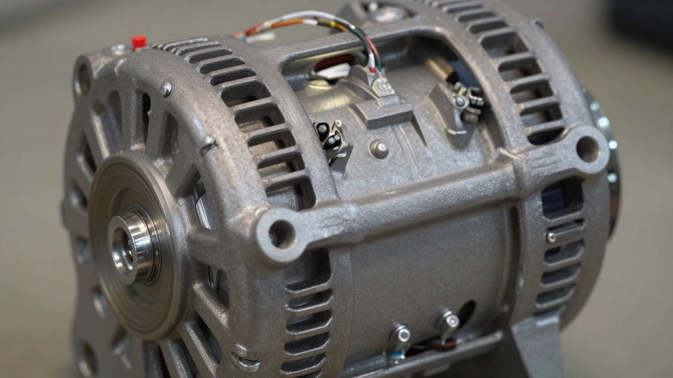 Car alternator with visible wiring and pulley system.