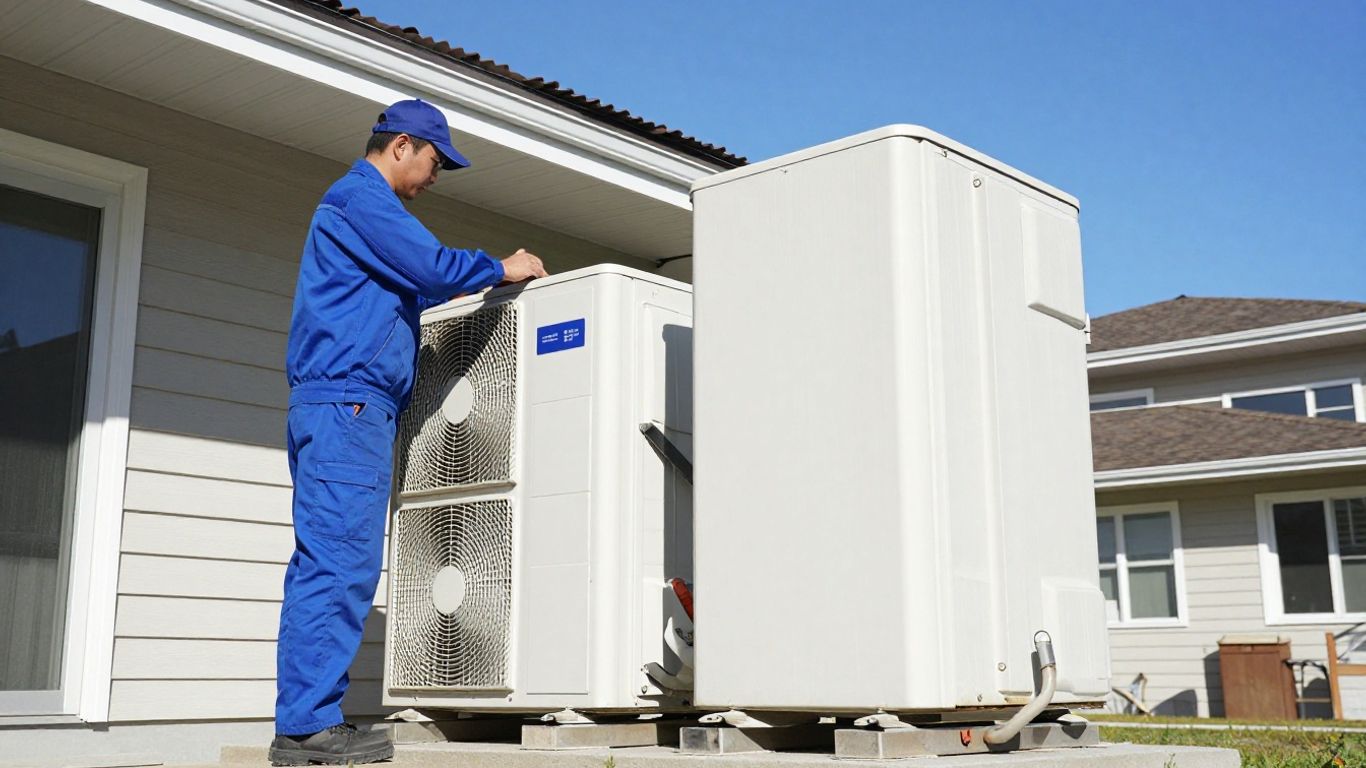 AC repair technician servicing outdoor cooling unit.