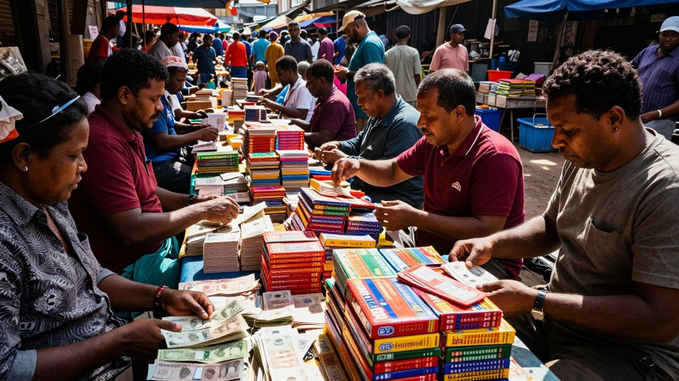 Gente comprando y vendiendo en un mercado animado.