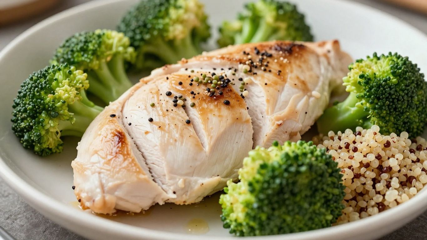 Balanced meal with chicken, broccoli, and quinoa.