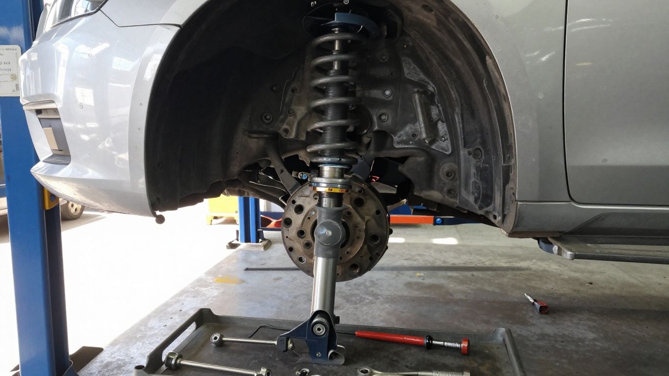 Mechanic replacing suspension parts safely