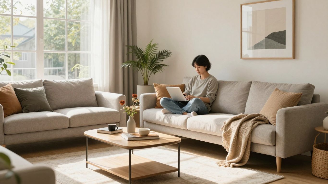 Sala de estar acogedora con propietario relajado y pertenencias.