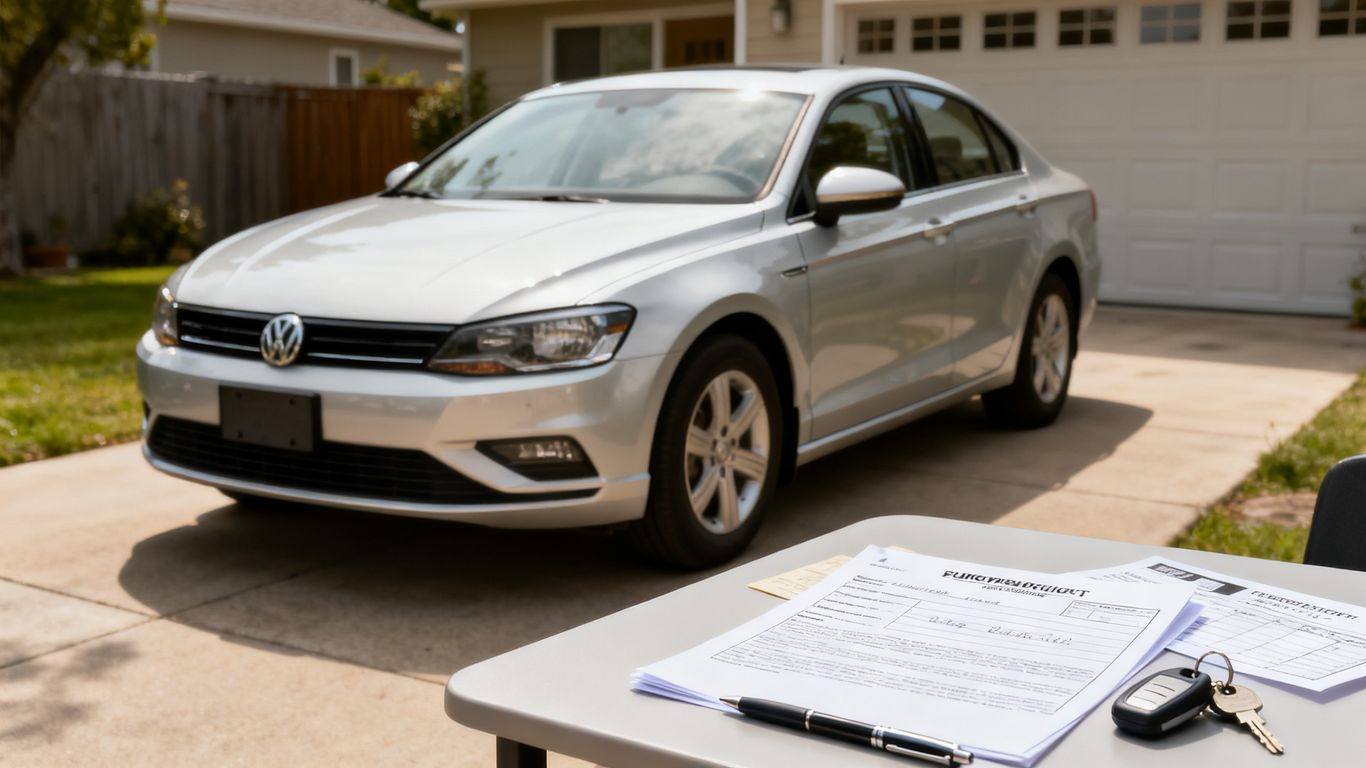 Ausgefüllter Autokaufvertrag neben Fahrzeugpapieren