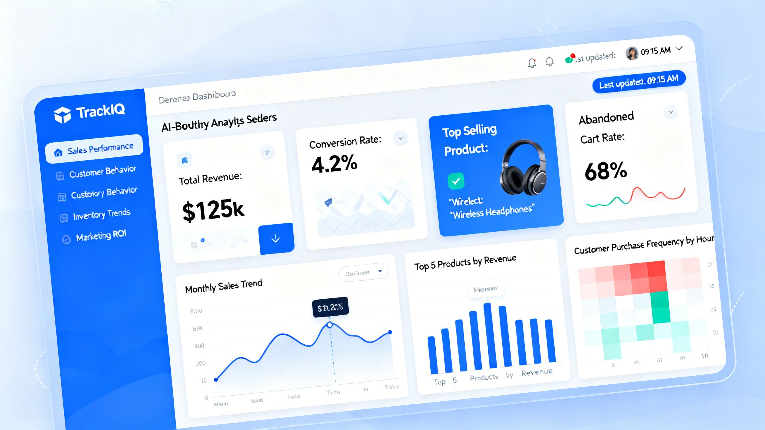 A screenshot of the TrackIQ dashboard showcasing its AI-powered analytics for eCommerce sellers.