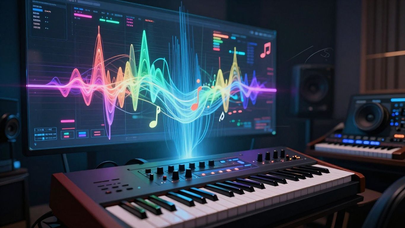 AI music production tools and abstract sound waves.