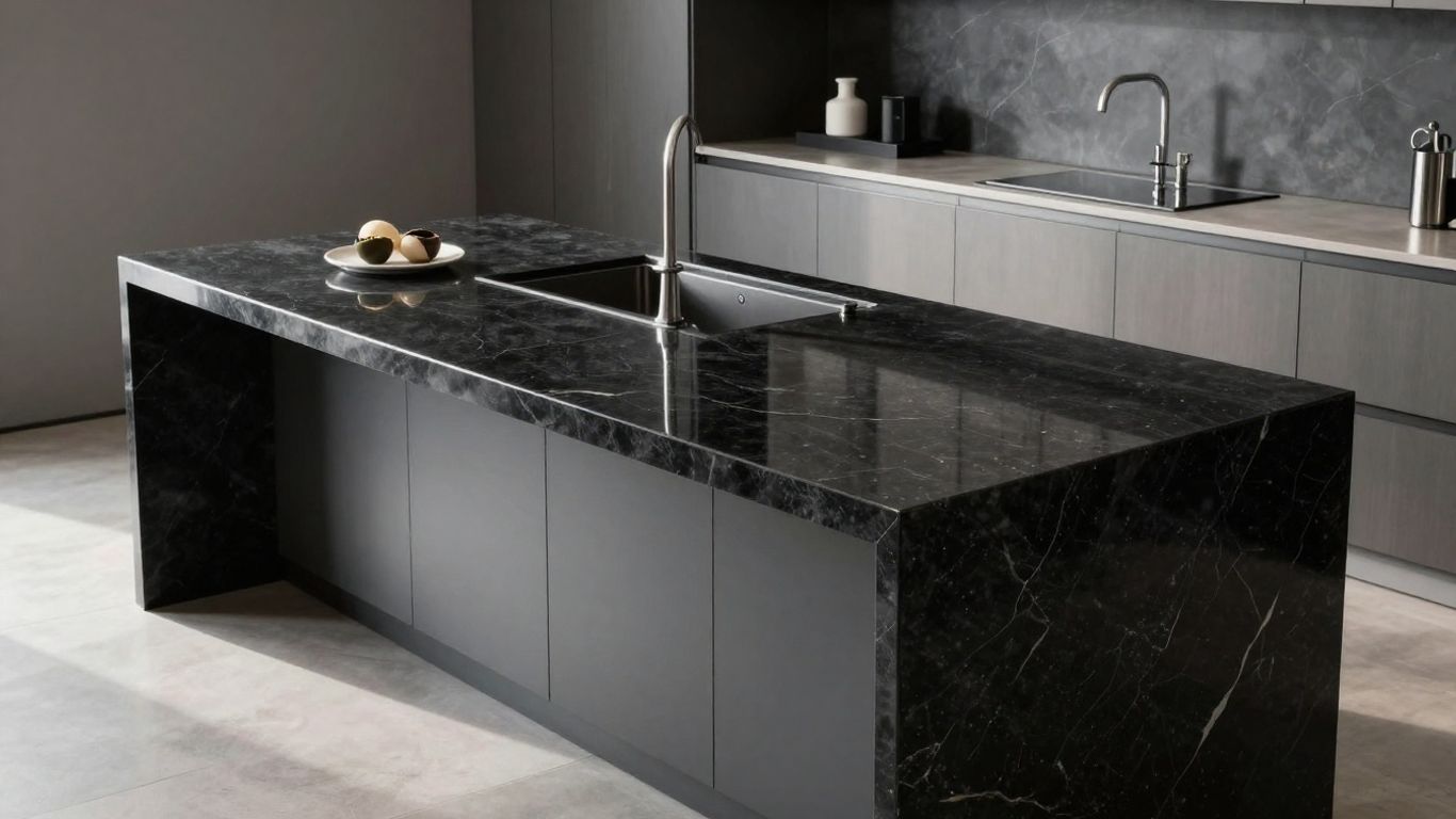 Sleek granite black worktop in a modern kitchen.