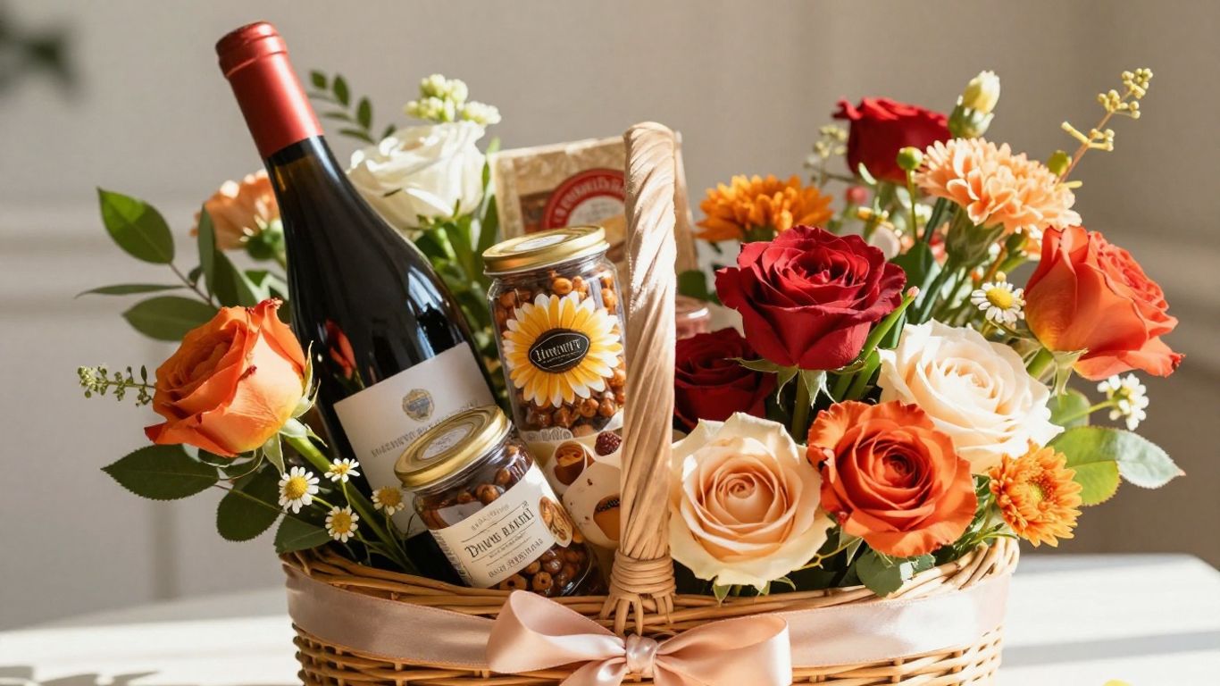 Flower and gift basket arrangement for special occasions.
